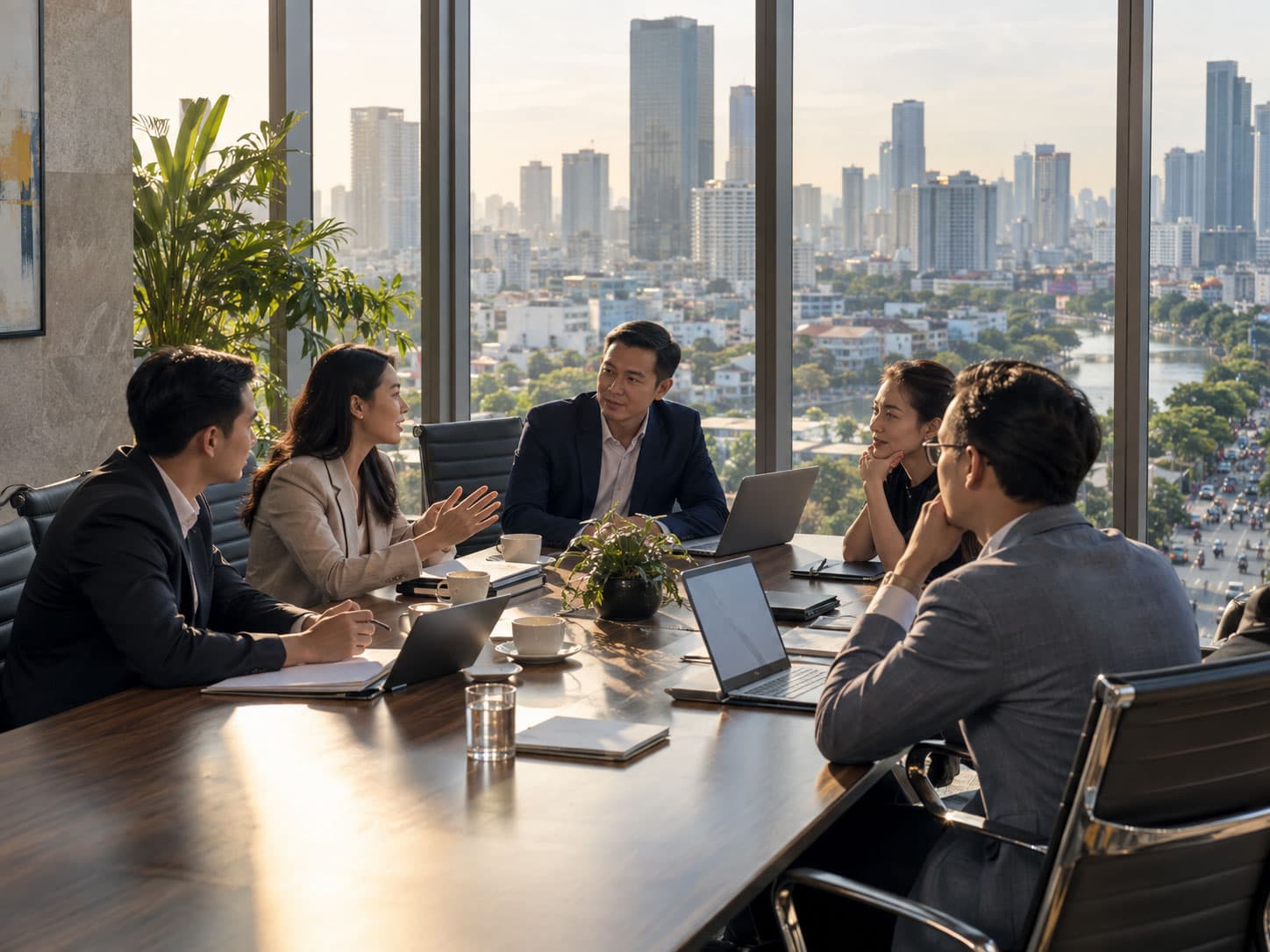 Business meeting overlooking a Vietnamese city